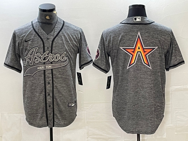 Men's Houston Astros Grey Team Big Logo With Patch Cool Base Stitched Baseball Jersey Men's Houston Astros Grey Team Big Logo With Patch Cool Base Stitched Baseball Jersey